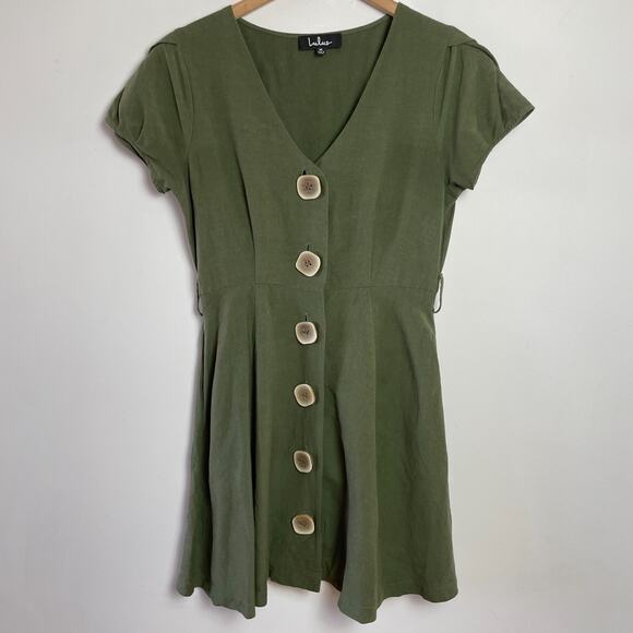 Lulus Dresses & Skirts - Button Front V-Neck Dress Medium Green Minimalist Earthy Cottage Woodland Forest